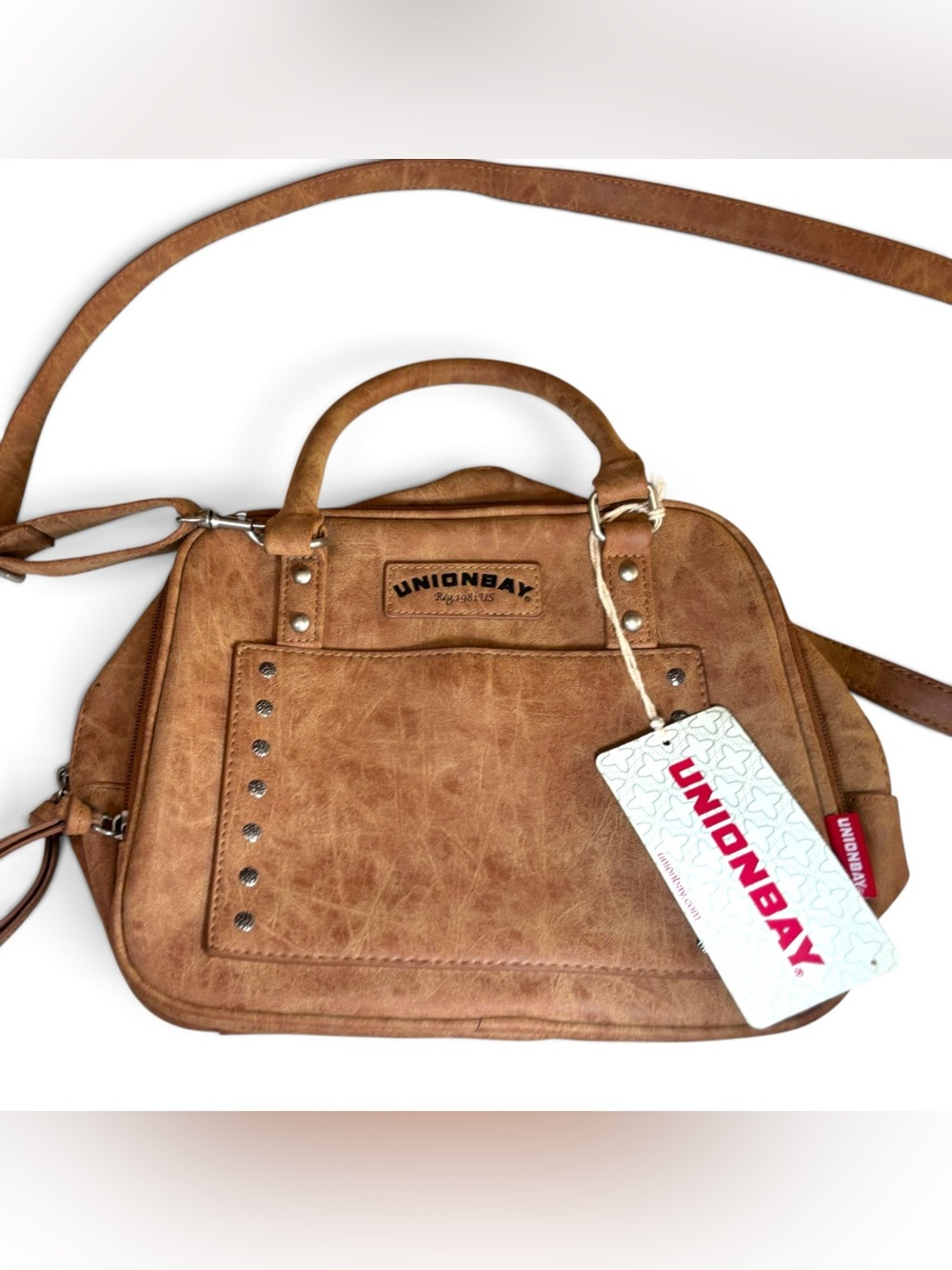 NWT Unionbay Faux Leather Studded Crossbody Bag Purse Satchel Tan Y2K Boho